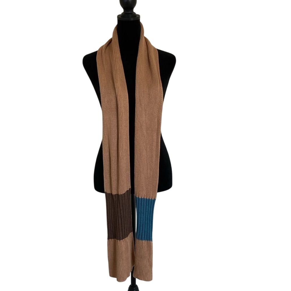 Joseph Abboud Bamboo Wool Scarf Tan Blue Knit 7 X 75